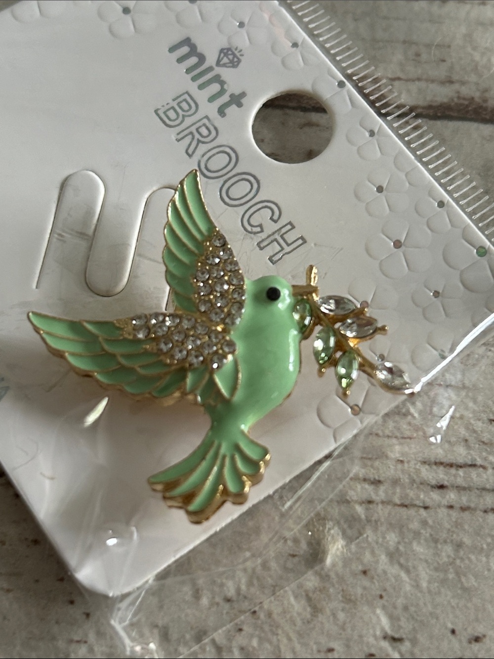 5/$25 mint Green Dove Brooch with Crystal Olive Branch - mint